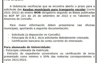 Convocadas as axudas municipais para transporte escolar para alumnos e alumnas de ensinanzas NON obrigatorias.