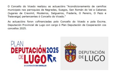 Acondicionamento de camiños municipais nas parroquias de Negradas, Suegos, San Román do Val e Cabanas (lugares de Creximil, Mosteiro, Salgueiros, Fradería, O Pereiro, O Pazo e Tralaveiga) pertencentes ó Concello do Vicedo